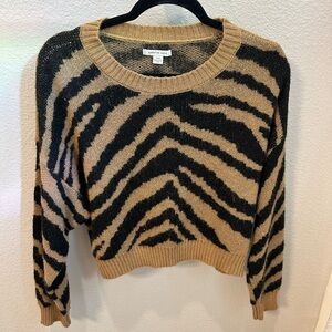 American Eagle Outfitters Tan and Black Zebra Stripe Crewneck Sweater